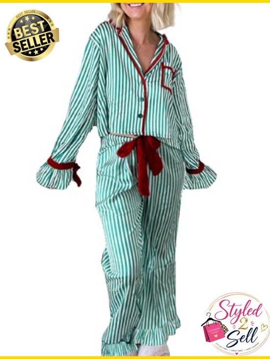 Other - Cute Christmas Bow Tie Pajama Set Women Satin Long Sleeve 2 Piece Sleepwear